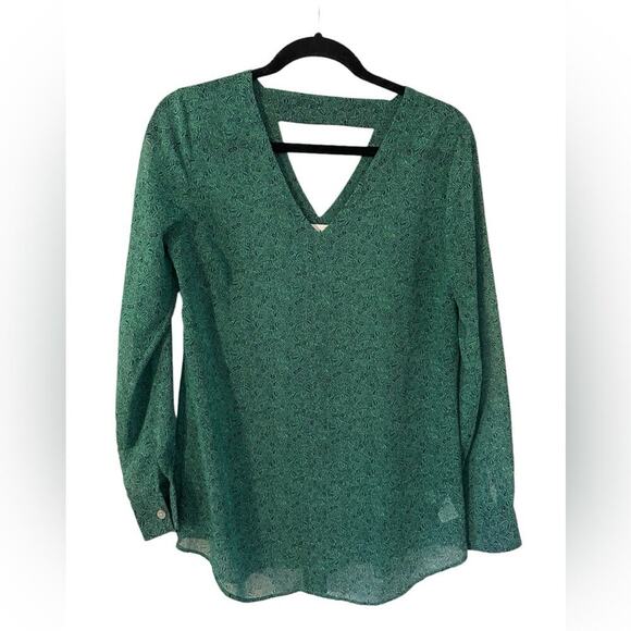 cABI Bountiful Kelly Green and Blue Blouse Chiffon Sheer Long Sleeve Cutout Back - Picture 1 of 6